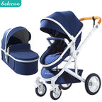 Blue baby stroller and bassinet with white frame and orange handles , featuring the belecoo brand.