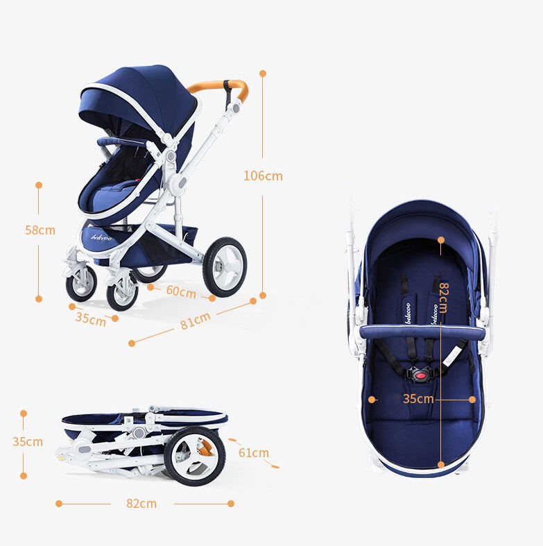 Navy blue baby stroller with measurements .