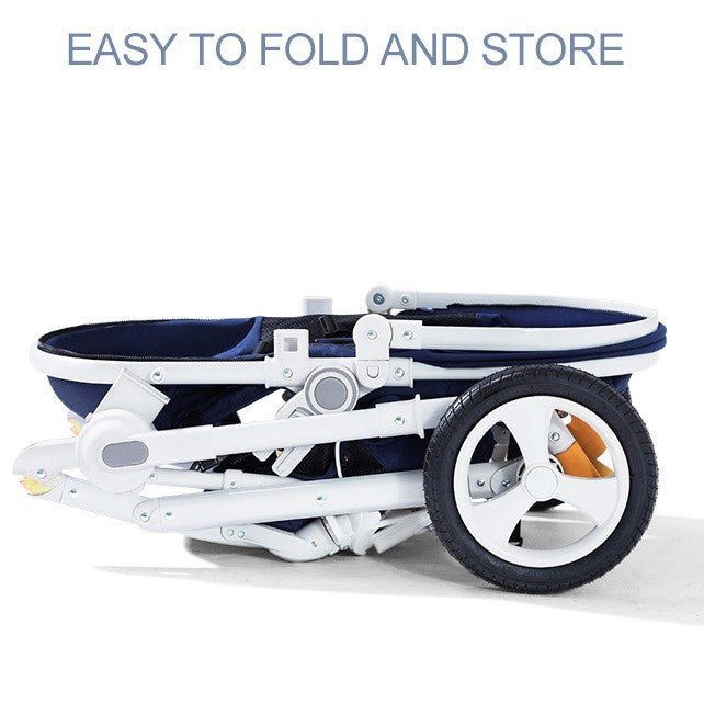 Foldable Belecco stroller with text 'Easy to fold and store.