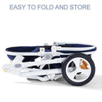 Foldable Belecco stroller with text 'Easy to fold and store.