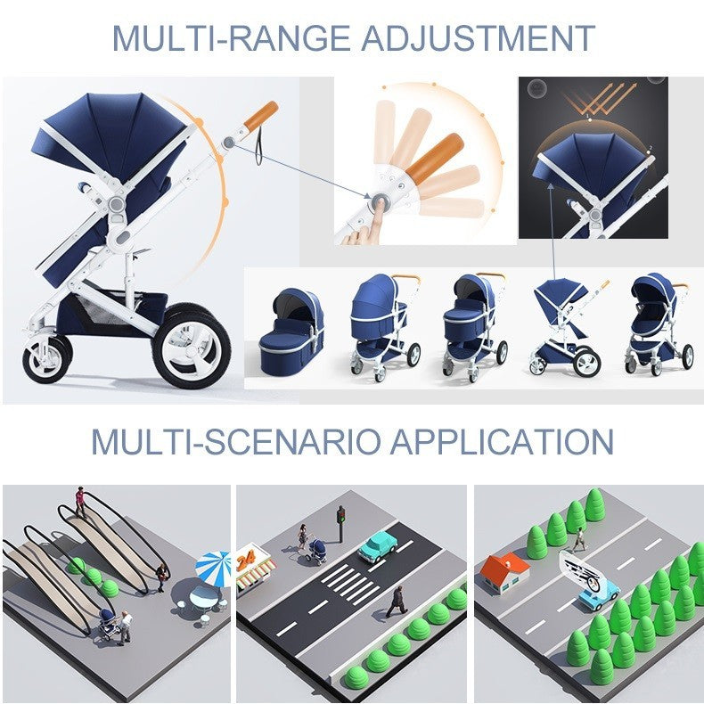 Collage of a belecco blue stroller with features and application scenarios. 