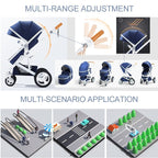 Collage of a belecco blue stroller with features and application scenarios. 
