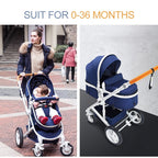 Baby stroller suitable for infants 0-36 months, with a woman pushing it and a close-up of the stroller.
