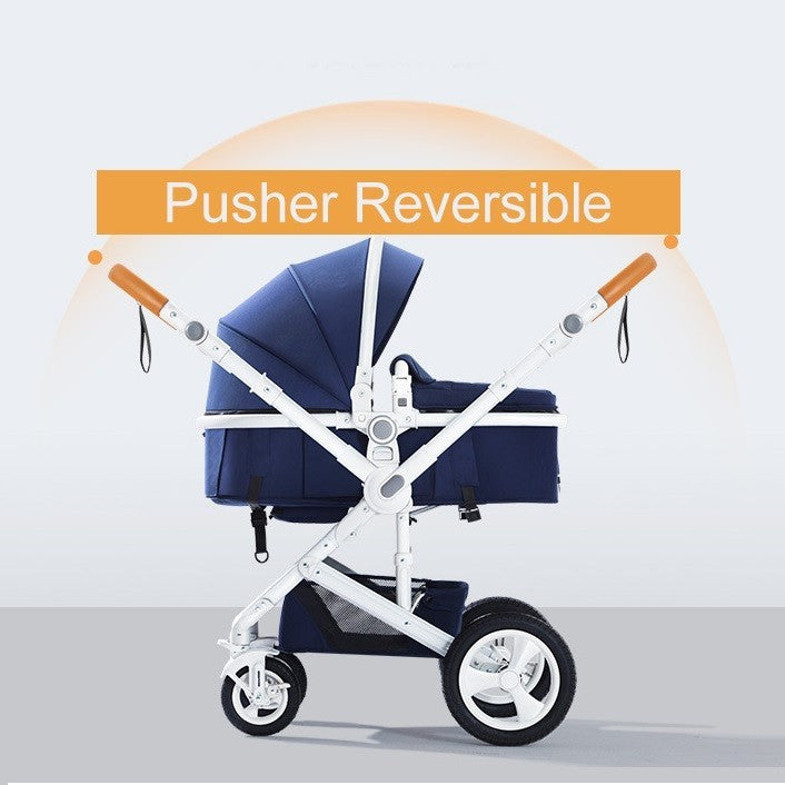 Reversible baby stroller with blue seat and white frame 