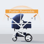Reversible baby stroller with blue seat and white frame 