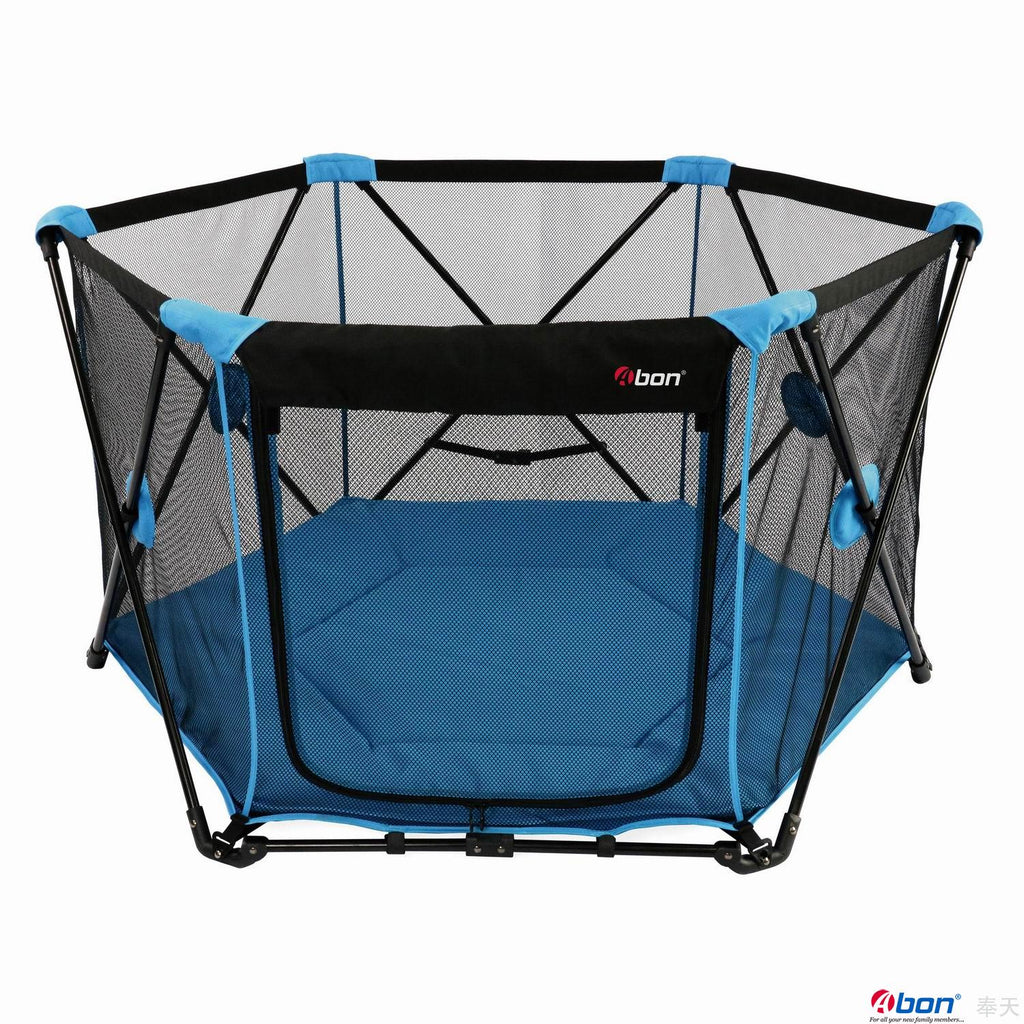 A blue and black hexagonal baby Magicgo playpen with a mesh safety net and a padded blue floor mat.