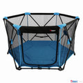 A blue and black hexagonal baby Magicgo playpen with a mesh safety net and a padded blue floor mat.