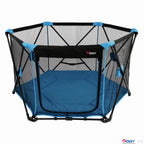 A blue and black hexagonal baby Magicgo playpen with a mesh safety net and a padded blue floor mat.