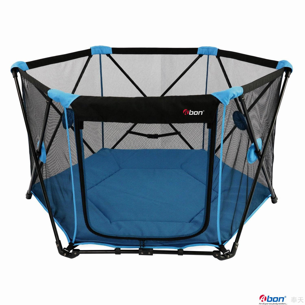A blue and black hexagonal baby Magicgo playpen with a mesh safety net and a padded blue floor mat.