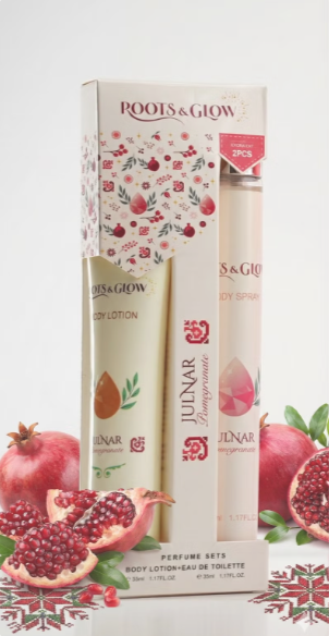  Roots & Glow julnar skincare products with pomegranate elements
