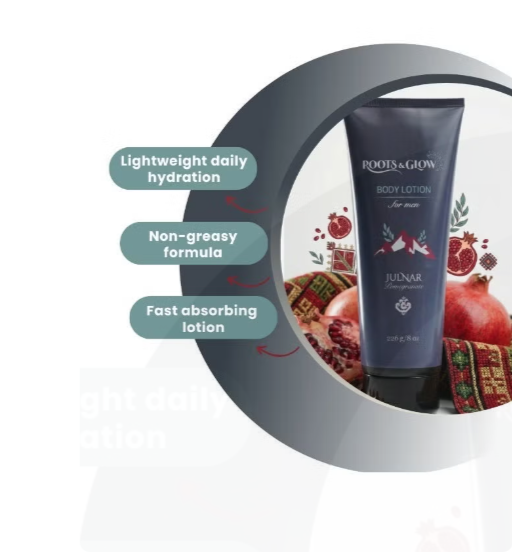 Roots& GlowBody lotion tube with pomegranate design 