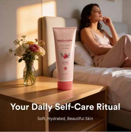 Woman lying on a bed with a tube of body lotion on a nightstand, surrounded by flowers.