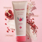 Body lotion tube with pomegranate, white musk.