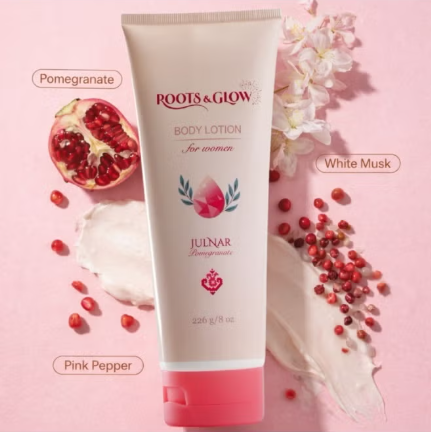 Body lotion tube with pomegranate, white musk.