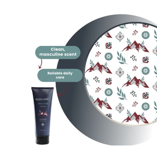 Tube of body wash with decorative mirror featuring mountain and floral pattern