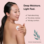 Woman applying a product to her shoulder with text about deep moisture and light feel 
