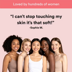 Five women of different ethnicities standing together with a quote skin softness 