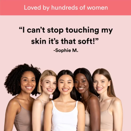 Five women of different ethnicities standing together with a quote skin softness 