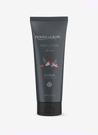 Body lotion tube labeled 'Roots & Glow' 
