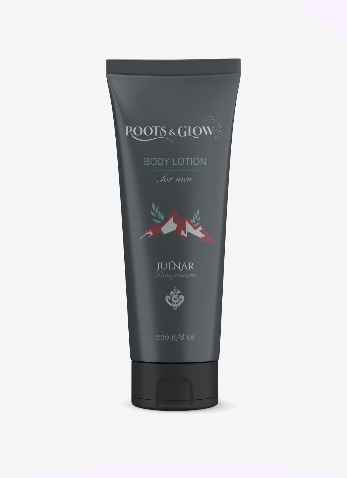 Body lotion tube labeled 'Roots & Glow' 