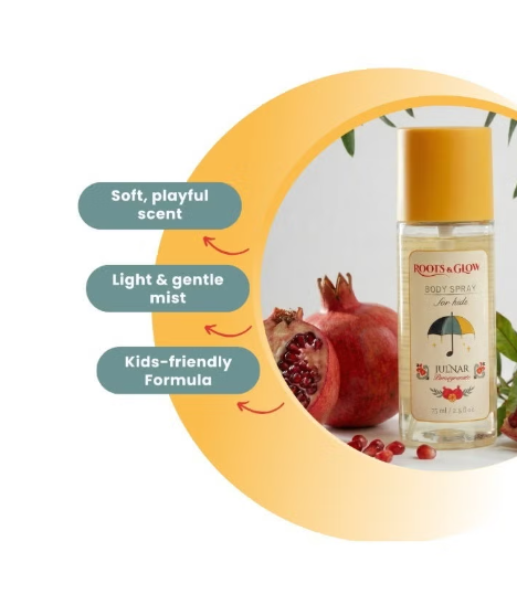 Body spray bottle with pomegranate and umbrella design.