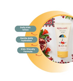 Children's lotion with pomegranate and floral design, labeled as 'Daily kids lotion', 'Gentle daily hydration', and 'Kids-friendly Formula'.