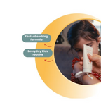 Child holding a tube of cream with text about a fast-absorbing formula and everyday kids routine.