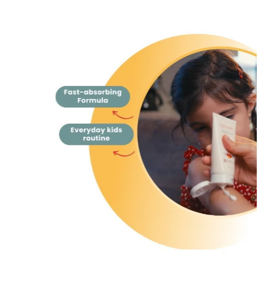 Child holding a tube of cream with text about a fast-absorbing formula and everyday kids routine.