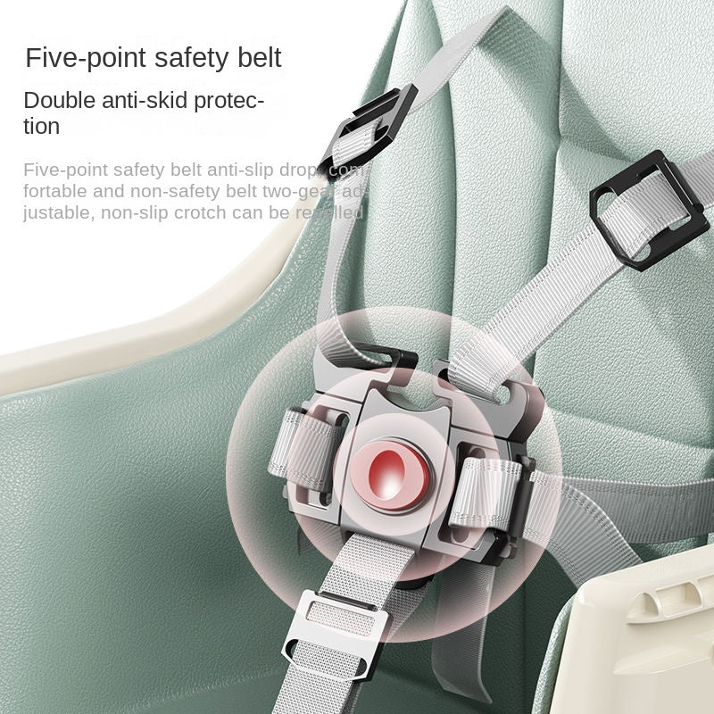 Close-up of a five-point safety belt with anti-slip drop and double anti-skid protection on a vehicle interior.