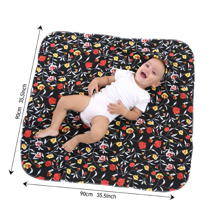 Baby lying on a floral-patterned mat with dimensions indicated