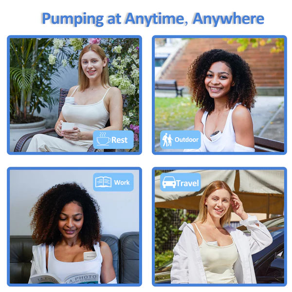 Four scenarios showing a woman in different settings with text indicating 'Pumping at Anytime, Anywhere'.