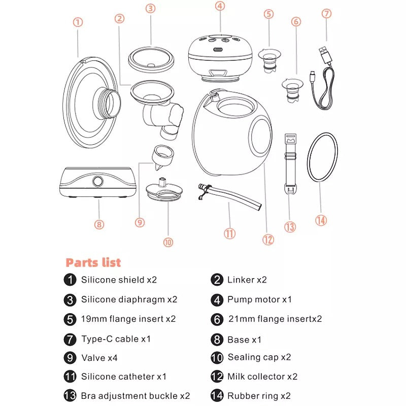 Diagram of parts list for a double wearable breast pump with labeled components.