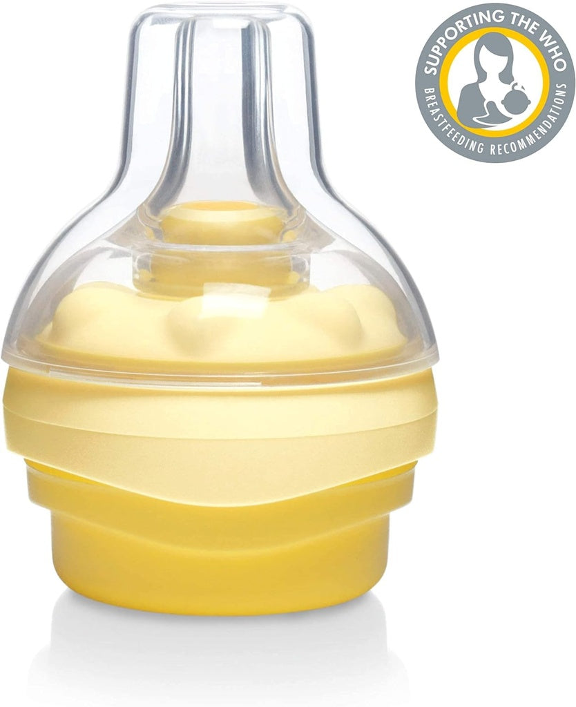 Yellow calma solitaire baby bottle with clear cap .