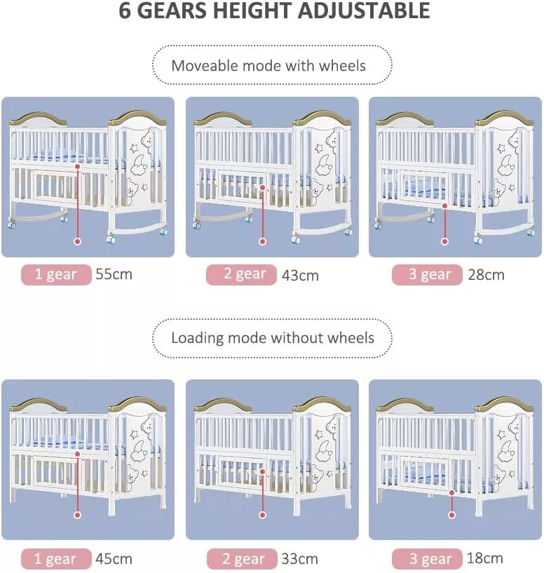 Diagram showing height adjustable features of a crib with different gear settings.