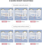Diagram showing height adjustable features of a crib with different gear settings.
