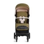 A lightweight baby stroller in olive green and black with beige accents.