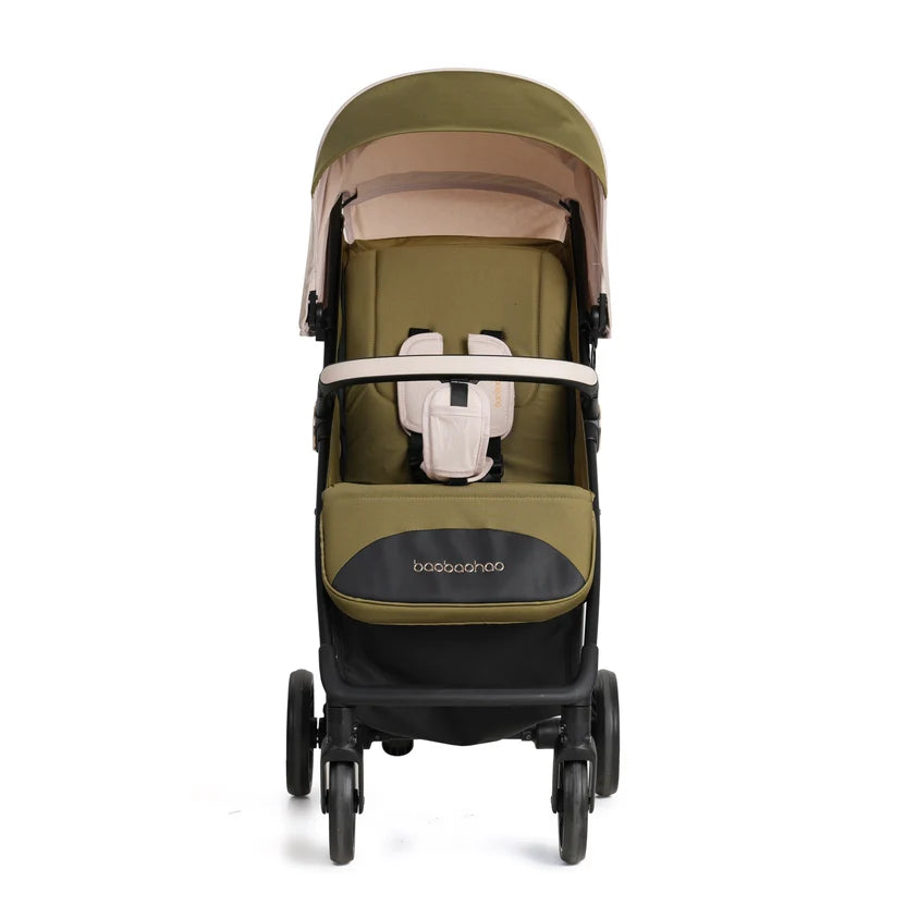A lightweight baby stroller in olive green and black with beige accents.