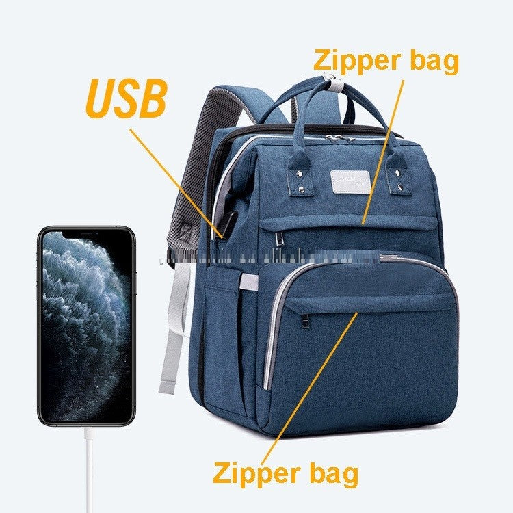 Blue backpack with USB port and zipper bags, smartphone .