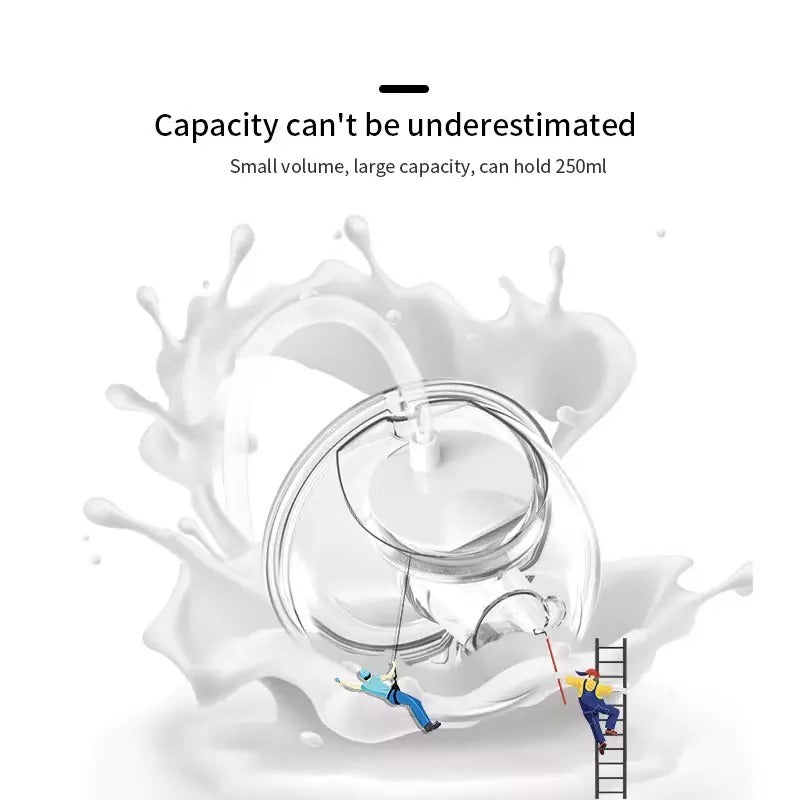Glass container with milk splash and text about capacity of Double wearable breast pump.