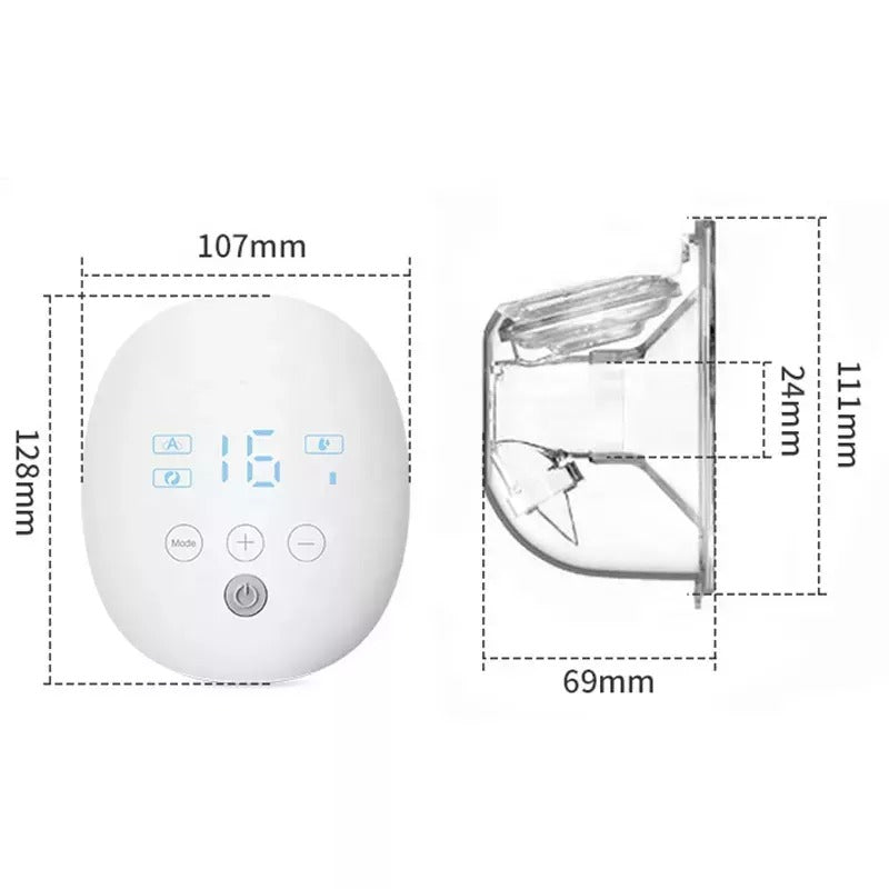 Measurement chart showing dimensions of a white double wearable breast pump with digital display and control buttons.