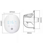 Measurement chart showing dimensions of a white double wearable breast pump with digital display and control buttons.