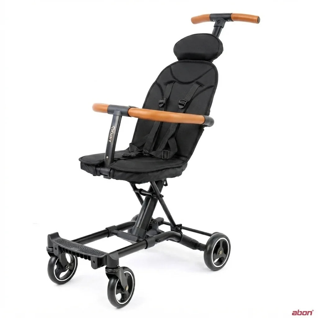 A convertible rider ll black stroller with a high-foam headrest, adjustable seat, and light brown wooden handlebar grips.