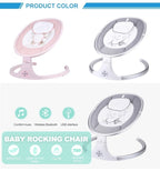 Baby rocking chair in pink and gray with product features highlighted.