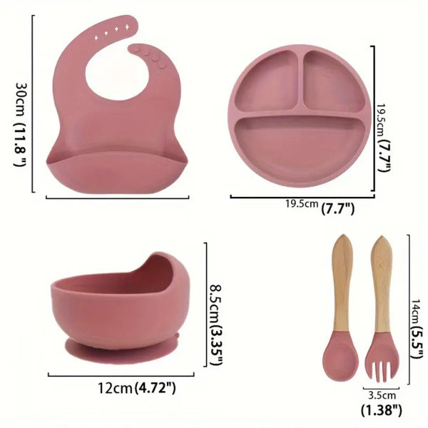 Set of pink baby feeding set silicone with dimensions.
