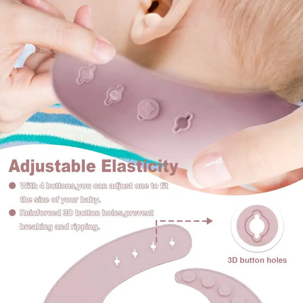 Baby's hand wearing a purple silicone product with adjustable elasticity.