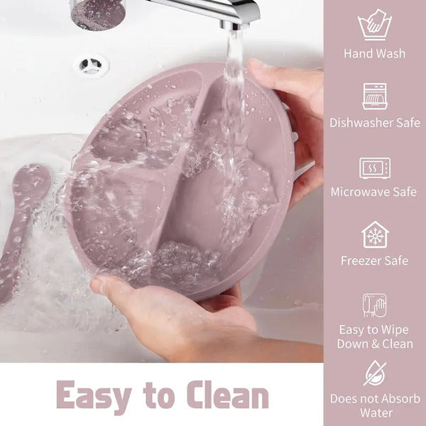 Purple silicone bowl being washed under running water with cleaning icons and text on the right.