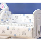Children's crib with cartoon animal pattern and 'Baby Life' branding.