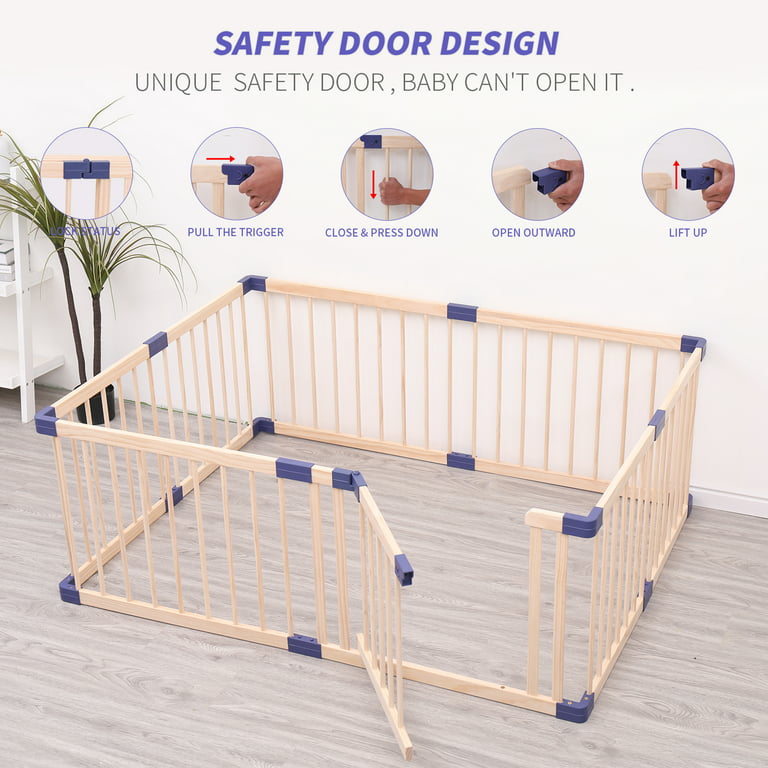 Wooden playpen with safety features .