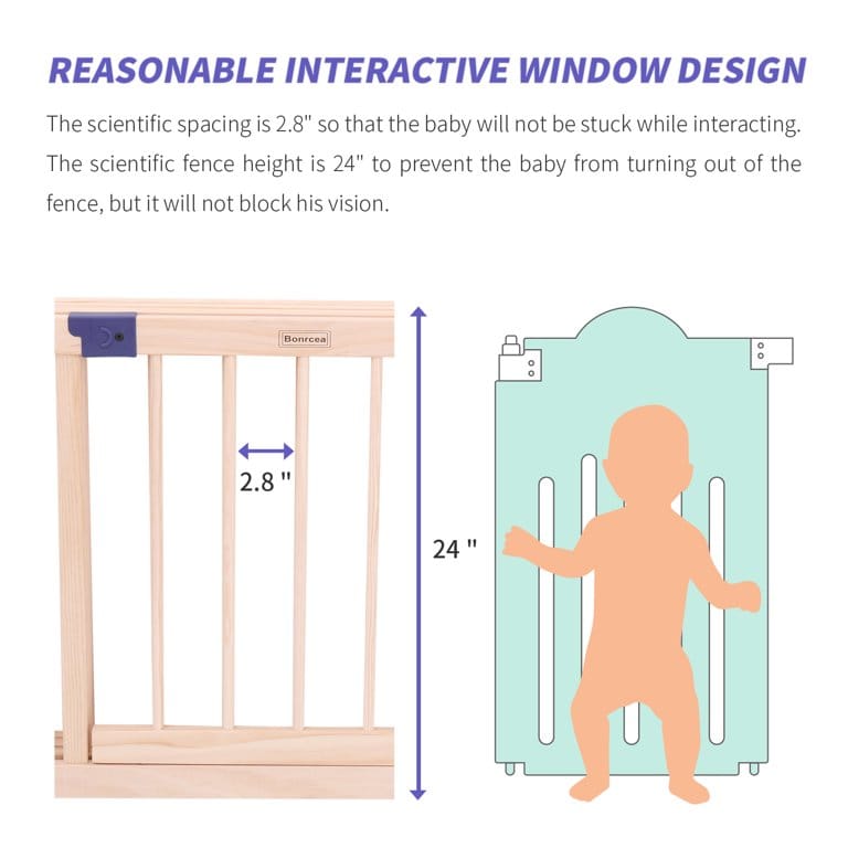 Baby gate with dimensions and safety features highlighted !