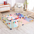 Children's playpen with colorful balls and toys inside, surrounded by a room with furniture and decor.